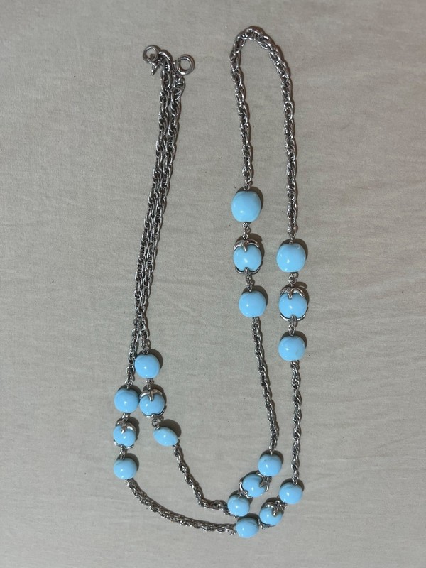 vintage Crown Trifari silver-tone chain necklace with Baby blue Lucite cabochons