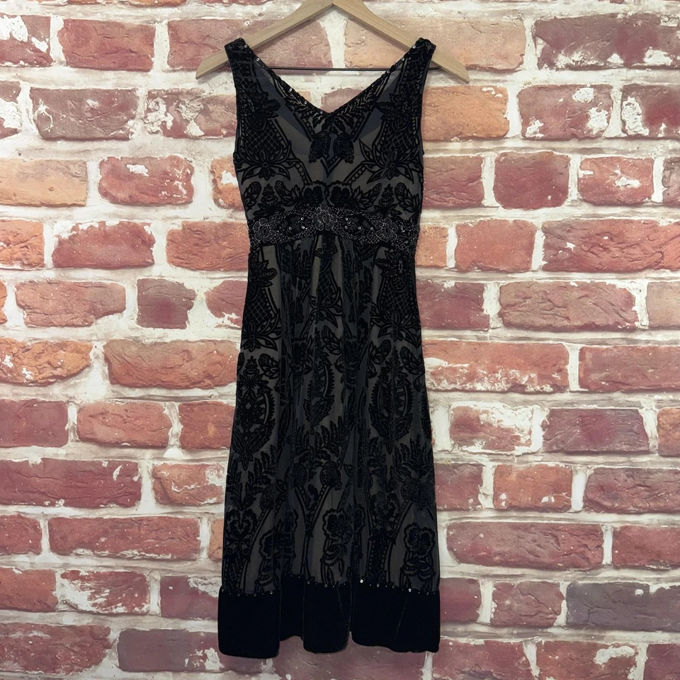 Vintage ECI New York Dress Womens 4 Black Boho Floral Velvet Burnout Beaded - Image 2 of 4