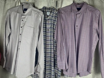 3 x David Donahue Mens Dress Shirts XL Blue/Purple/Multicolor Checks 100% Cotton