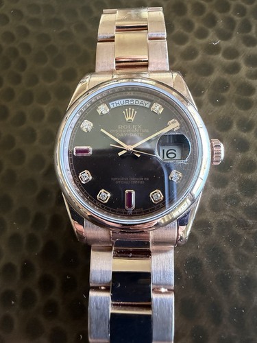 Rolex Day-Date Chocolate Dial Diamond Ruby Markers Rose Gold Automatic Watch