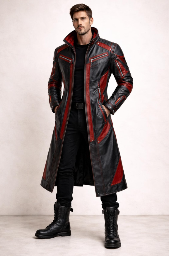 CYBERPUNK 2077 LONG LEATHER TRENCH COAT BLACK RED GOTHIC LONG
