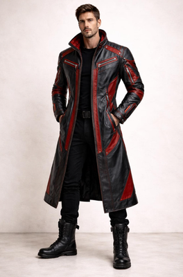 ジャケット・アウター sullen Vintage trench long coat Cyberpunk 2077 Samurai Long Leather Trench Coat Black Red Cosplay
