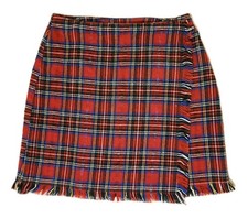 The Original USA Vtg Red Plaid Fringe Hem Wrap Skirt Size Medium Made in USA
