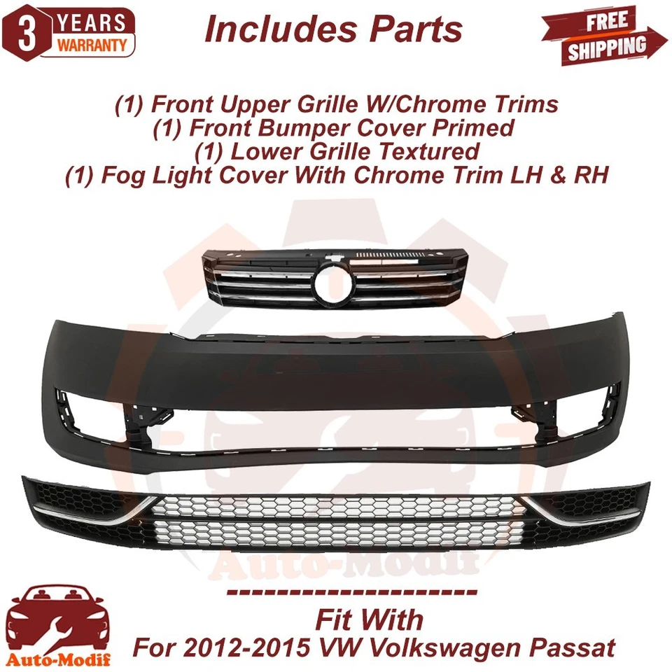 Front Bumper Cover & Upper & Lower Grille Kit For 2012-2015 Volkswagen Passat — 第 2/4 张图片