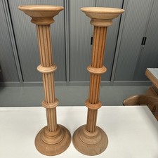 PAIR Oak Wooden Plant Stand Tall Pedestal Vintage Round Table Side Fluted Solid