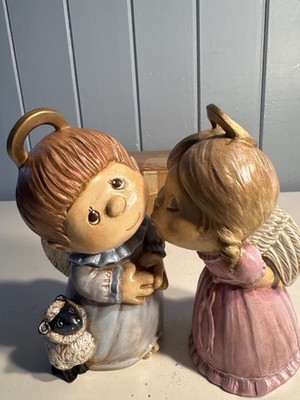 Vintage Judi Ann Angel Figurines-Boy&Girl Pair- 7.5  Hand-Painted Ceramic Signed