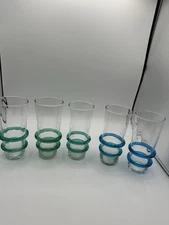 Blenko Saturn Rings Tumblers Glasses Set Of 5 Hand Blown Blue Green Teal