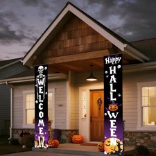 Happy Halloween Porch Banners Skeleton Welcome 70.8 x 11.8 inches, BLACK