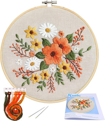 Embroidery Kit with Pattern, Bamboo Hoop, Color Threads, Floral Pattern (Flowers
