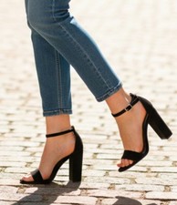 Womens Black Suede Block Heel Sandals With Adjustable Ankle Strap