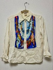 HERMES White-toned Front Pleats Silk Shirt Rare Pattern M Size Frayed Rare Used