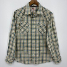 Levi's Long Sleeve Pearl Snap Shirt Men's M Beige Plaid Modern Western Pockets