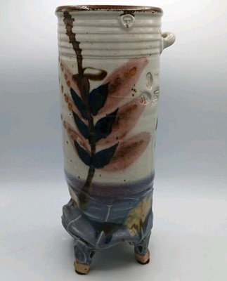 Handmade Studio Pottery Tall Vase Leaf Design Three Footed Ceramic 10''