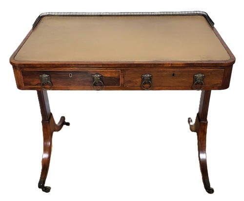 19th C ENGLISH Regency Rosewood LEATHER Top & Bronze Gallery Lady's Writing DESK