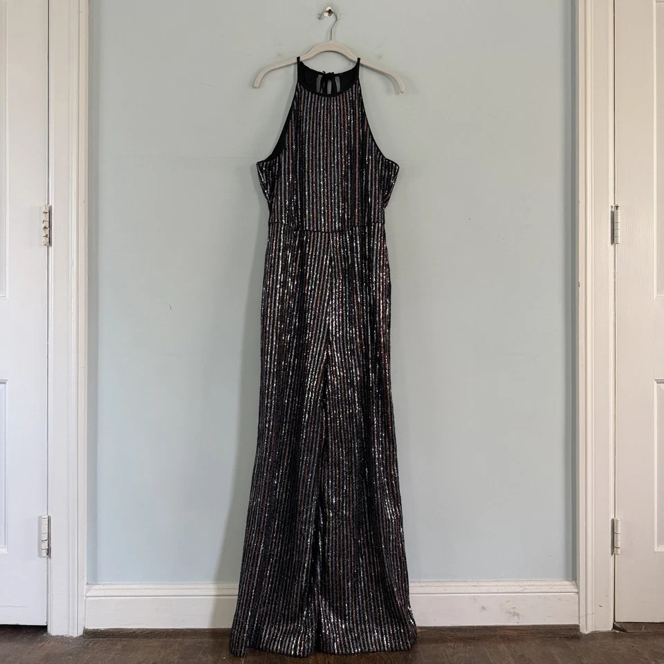 Macacão Anthropologie Maeve Disco Halter Preto Lantejoulas Perna Larga Tamanho 10 - Imagem 4 de 4