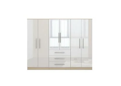 UNIQUE Large 6 Door Mirrored High Gloss White Fitment Wardrobe - 3 Drawers