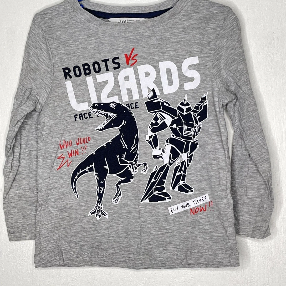 H M Long Sleeve Tee Shirt Boys Size 2 4 Years Lizard Robot Gray EUC