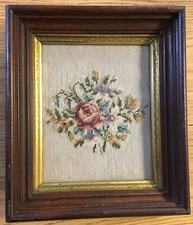 Needlepoint Embroidery "Spring Flowers" in Deep Wood Frame Antique Vintage