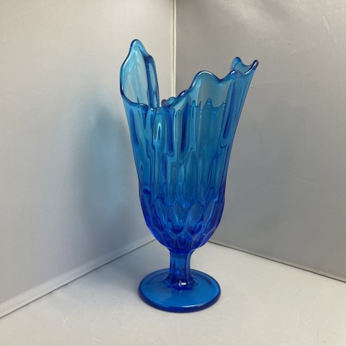 VTG Fenton Colonial Blue Glass Swung Vase Thumbprint Handkerchief Pedestal MCM - Picture 7 of 14
