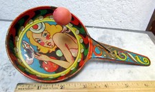 Vintage Metal noise maker toy, Beautiful woman, US metal toy co, Tin Lithograph