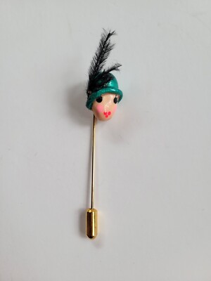 Vintage Unique Eclectic Lady Woman Art Deco Milady Figural Hat Feather Stick Pin