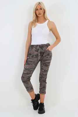 Ladies Camo Side Pockets Drawstring Italian Joggers Stretchy Army