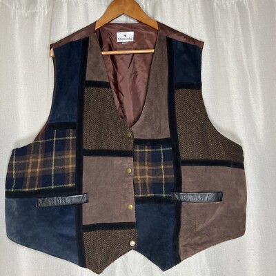 Vintage ADRIAN JORDAN Suede & Wool Blend Patchwork Tapestry Vest 26/28