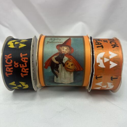 Vintage Offray Halloween Craft Ribbon Deadstock Set Lot Trick Or Treat Black Cat - Picture 2 of 7