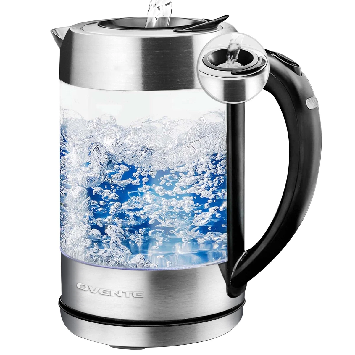 Ovente Electric Glass Hot Water Kettle Prontofill 1.7 Liter 1500W Silver  KG612S