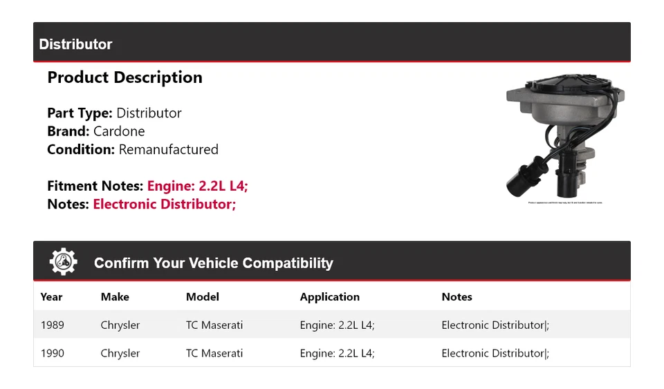 Para Chrysler TC Maserati 1989-1990 2,2 L L4 distribuidor cardone Foto 2 de 4