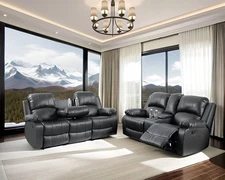 NEW Sofa Loveseat Black Leather Living Room Set 4-Seater Recliner and Cupholders