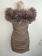  Pretty Little Thing Taupe Faux Shearling Bardot Ruched Bodycon Dress UK 6 