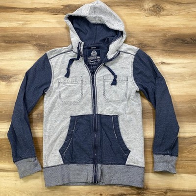 American Rag Hoodie Mens Medium Workwear Cotton Full Zip Colorblock Grey Blue