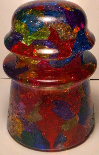 Hand Colored Whitall Tatum No2 Glass Insulator  Rainbow Mosaic Stained Glass Art