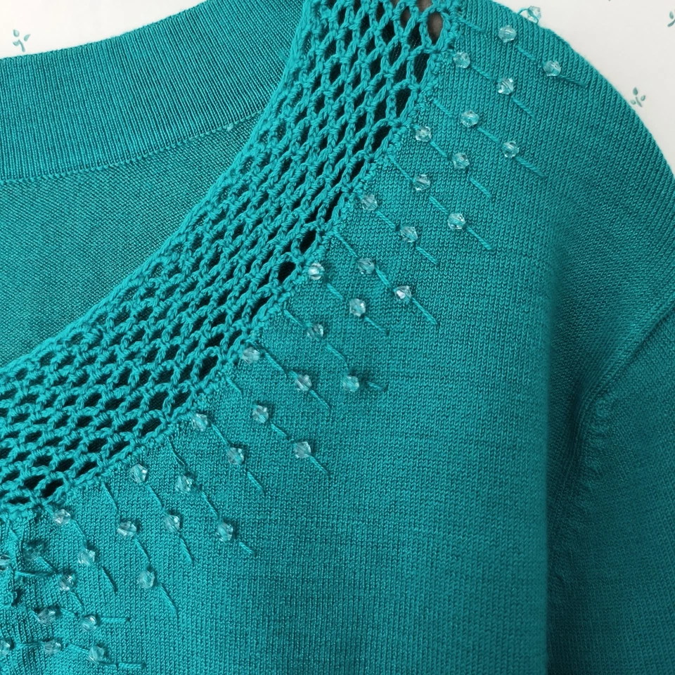 Coldwater Creek Cardigan Sweater L Green Crochet Beaded Silk Blend Office Travel - Image 4 of 4