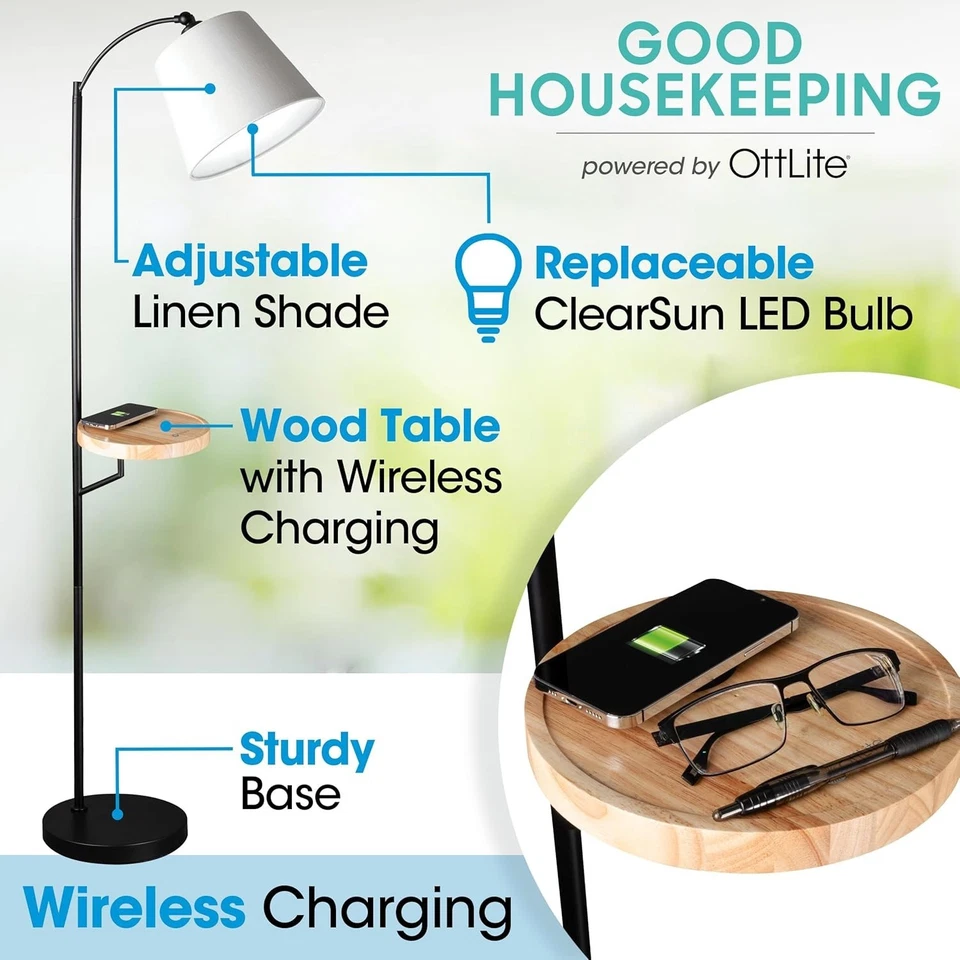 Bandeja de lámpara de pie LED OttLite Good Housekeeping pantalla de carga inalámbrica - Nuevo en caja Foto 3 de 4