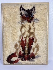 Vintage Siamese Cat Latch Hook Rug Framed Wall Hanging 28X21" MCM 70's Hippie