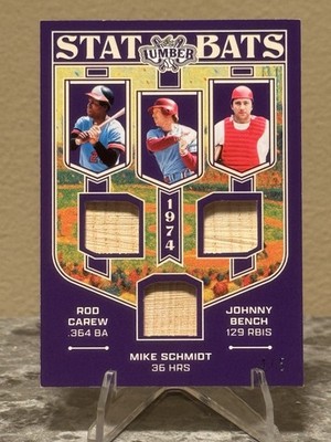 2025 Leaf Lumber Rod Carew Mike Schmidt Johnny Bench Purple Stat Bat 4/5
