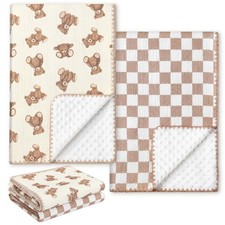 2 PCS Brown Bear Checkered Muslin Soft Receiving Baby Blanket 40x40 Inch