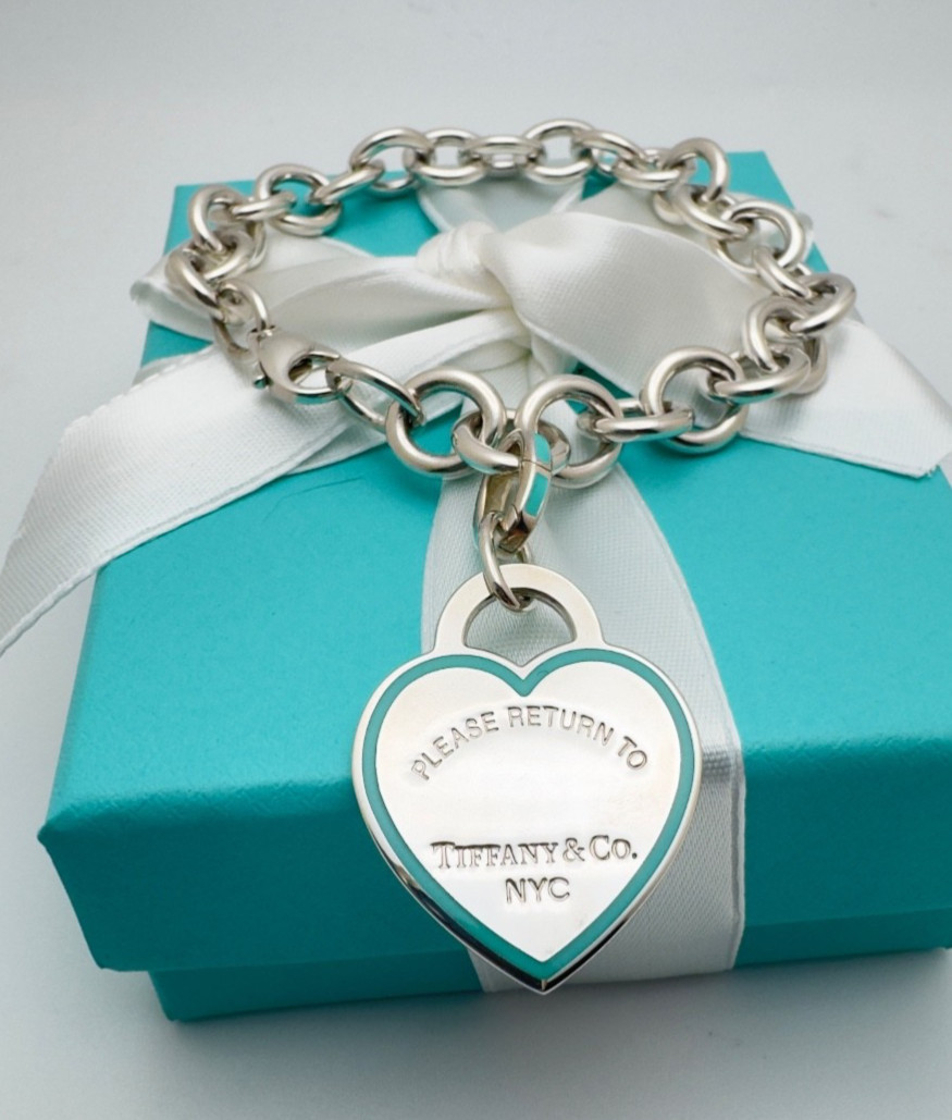 Tiffany & Co. RTT Heart Charm with Blue Border Bracelet Sterling Silver 925