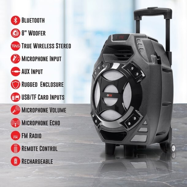 QFX PBX-61081BT-SIL Portable Bluetooth True Wireless Speaker with LEDs and