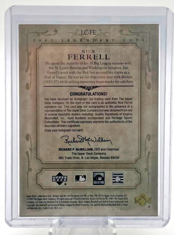RICK FERRELL 2005 SP Legendary Cuts Signature Auto Boston Red Sox Autograph /80 - Image 4 of 4