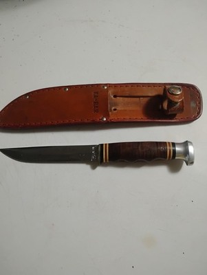 Vtg KABAR Fixed 4 1/4'' Blade Stacked Handle Knife With Sheath