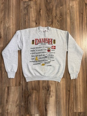 Vintage 90 s Large Danish Denmark Flag Cartoon Heritage Gray Crewneck Sweatshirt