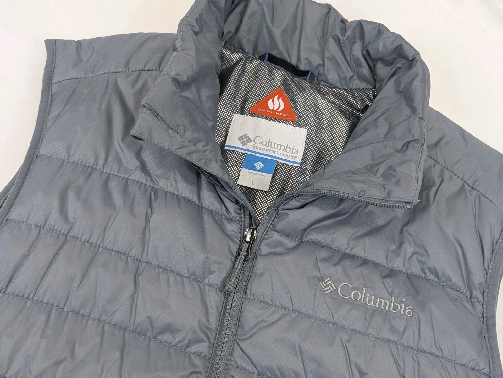 Columbia Omni Heat Puffer Vest Mens LG Gray Full Zip Quilted Winter Outdoor