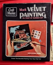 Vintage 1973 Craft Master Covered Bridge Black Velvet Oil Paint By Number Set