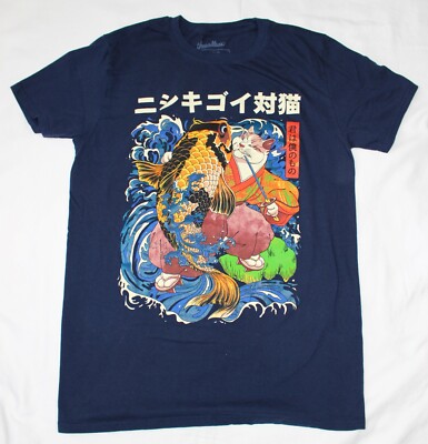 Threadless The Cat And The Koi Fish Design Navy Blue Mens T-Shirt Size M