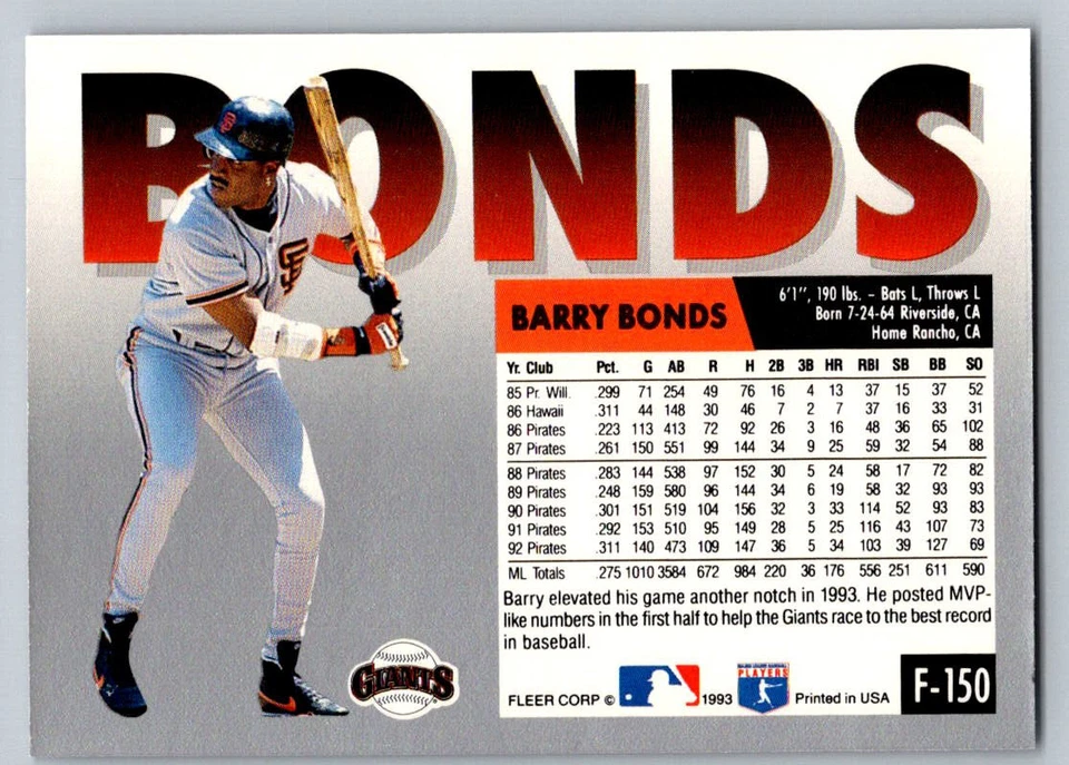 1993 Fleer Final Edition # F-150 - Barry Bonds - San Francisco Giants - Image 2 of 3