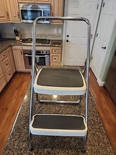 Vtg Cosco Cream & Chrome Kitchen 2 Step Stool Chair Flip Up Seat ~ NOS - gw!