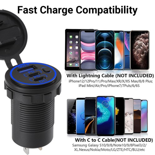 12V-24V QC3.0 + PD USB C Car Fast Charger Power Socket Outlet for Boat RV Lot - Picture 2 of 27